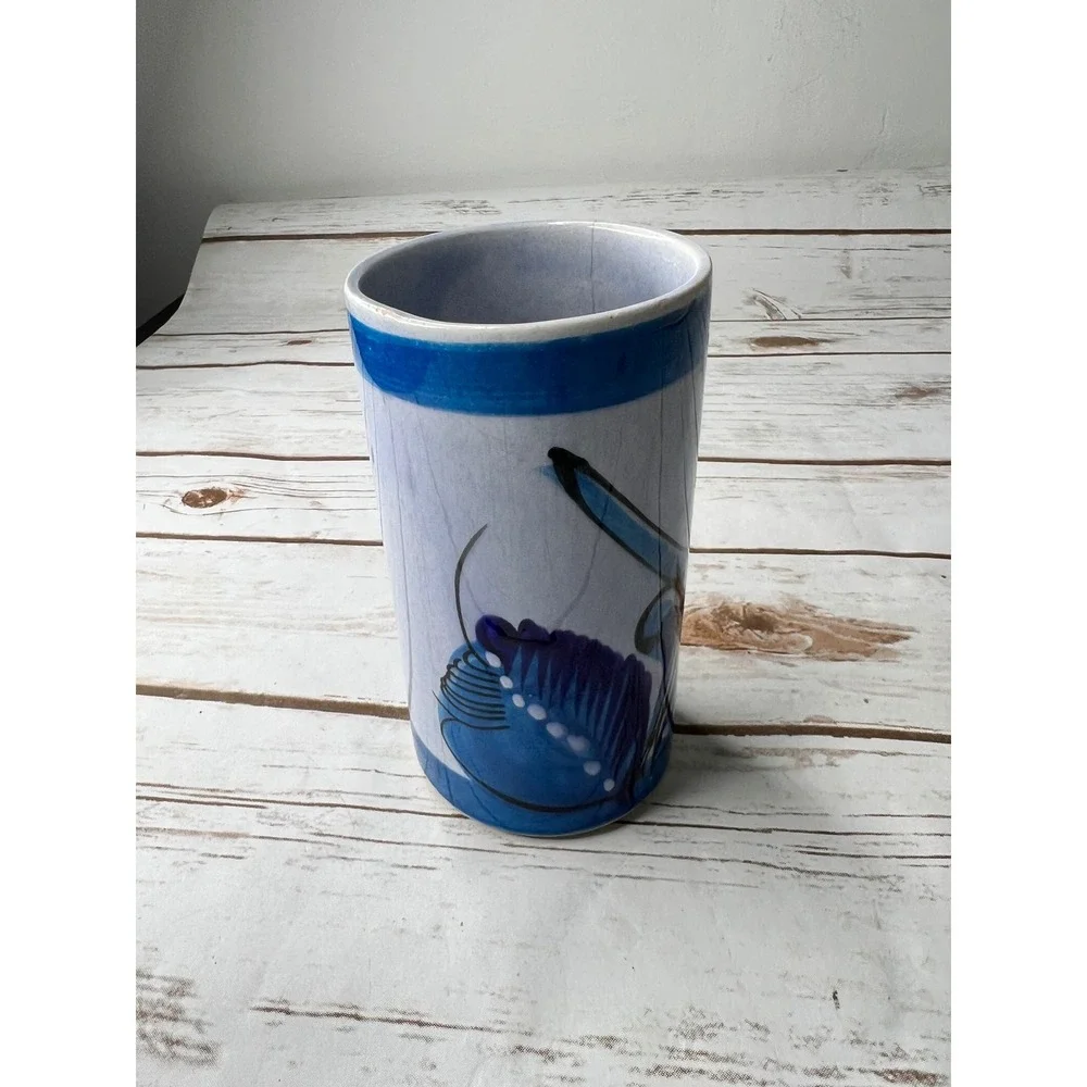 All Mexico Tonala Pottery Blue Bird Hand Painted Vase Tumbler Signed 4.5in